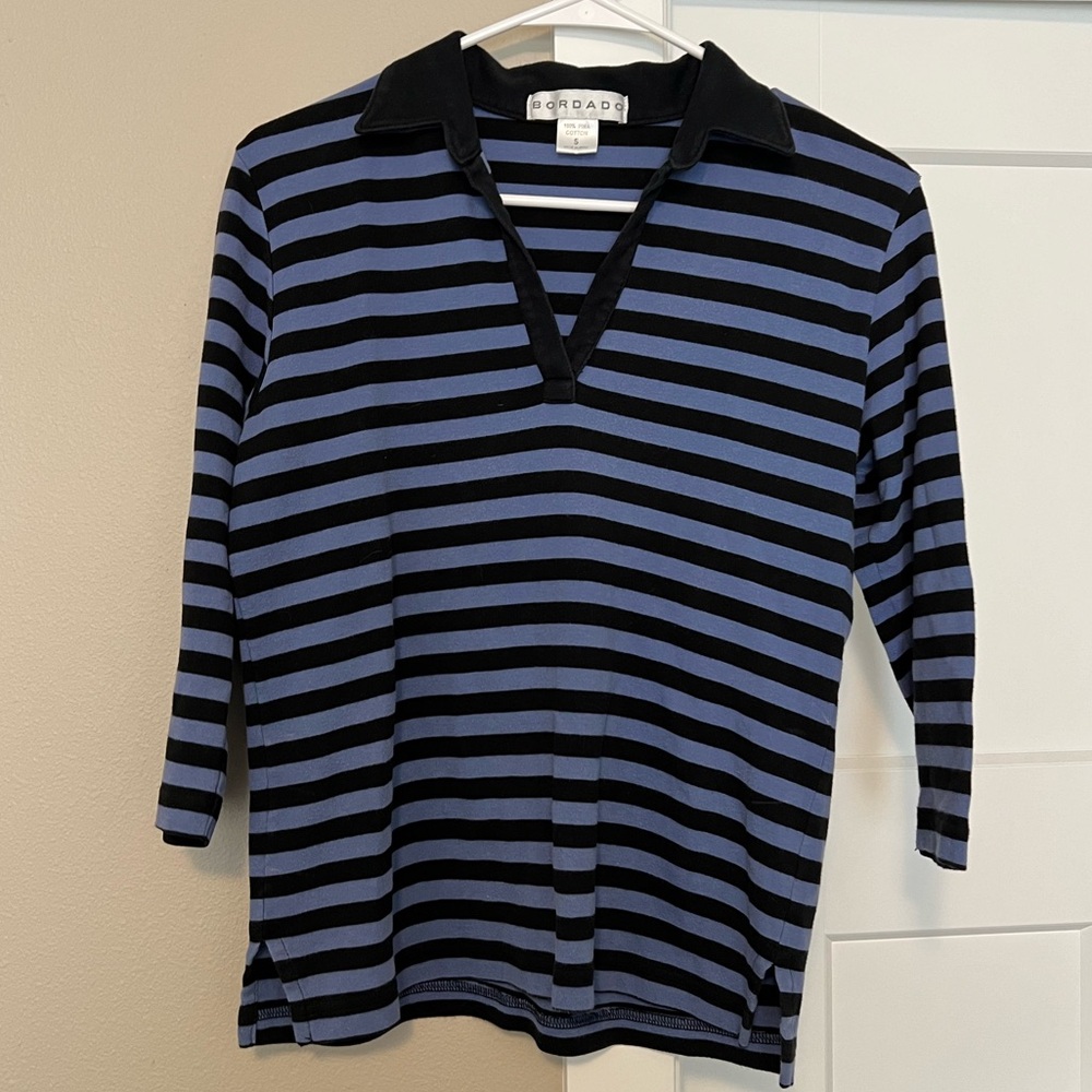 Black and Blue Polo Collar 3/4 Sleeve Top